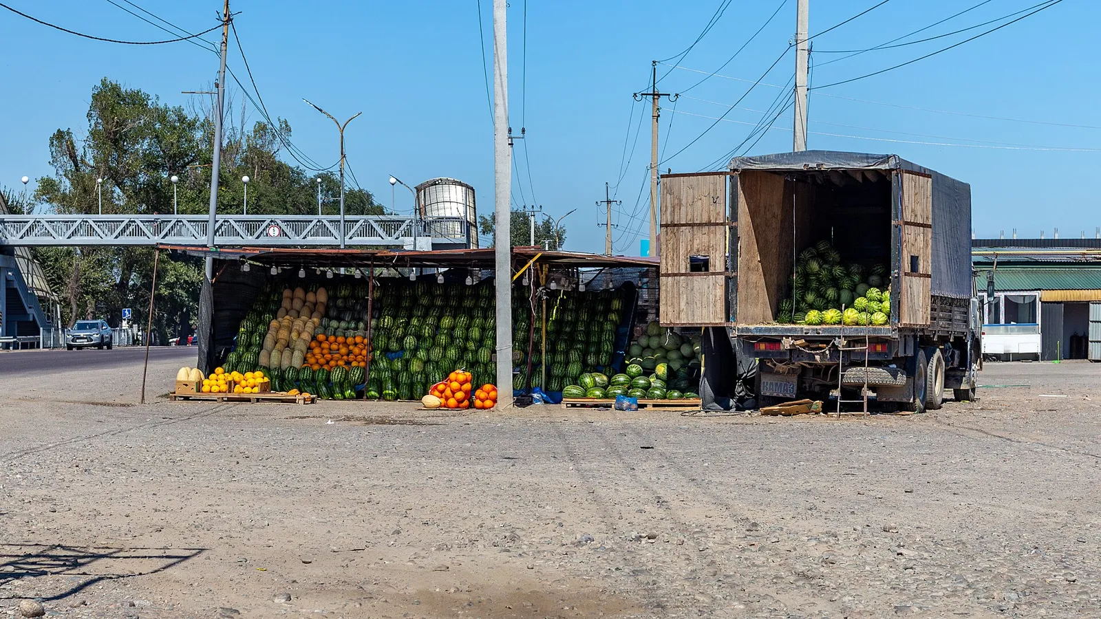 Бахчевой развал в Гульдале под Алматы, 27 августа: арбузы рядами под навесом, дыни, грузовик, из которого выгружают новую партию. Обратите внимание: плоды лежат на поддонах, а не на земле, это одна из примет места, где можно покупать. Фото: Nikolai Bulykin, Wikimedia Commons, CC BY-SA 4.0